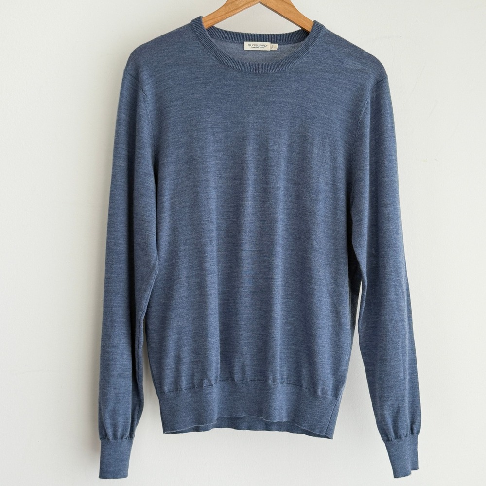 Suitsupply Sweater Mens Large Blue Merino Wool Knit Crewneck Pullover Minimalist